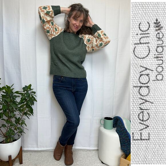 Everyday Chic Crochet Patch Sleeve Sweater Boho Cottagecore Knitwear Sz: M - Picture 1 of 8